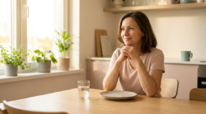 Autophagie: Person geniesst achtsam eine gesunde Mahlzeit in hellem Morgenlicht