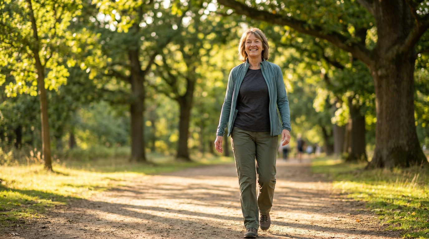 Telomere und Longevity: Vitale ältere Frau beim Spaziergang im Park mit warmem Sonnenlicht