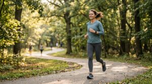 VO2max und Longevity: Aktive Frau joggt im Park bei warmem Morgenlicht