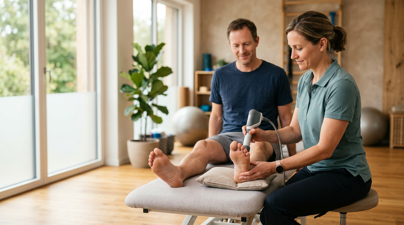 Stosswellentherapie ESWT: Therapeutin setzt Handstück an Ferse eines Patienten in moderner Praxis