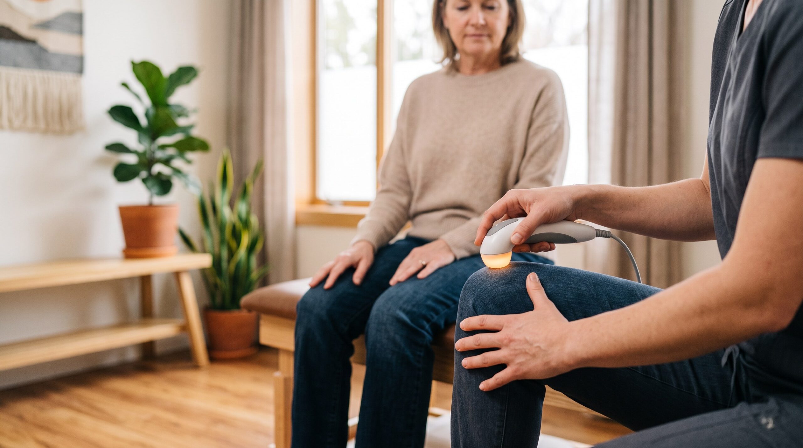 Lasertherapie LLLT: Physiotherapeutin führt ein Handlaser-Gerät am Knie eines Patienten