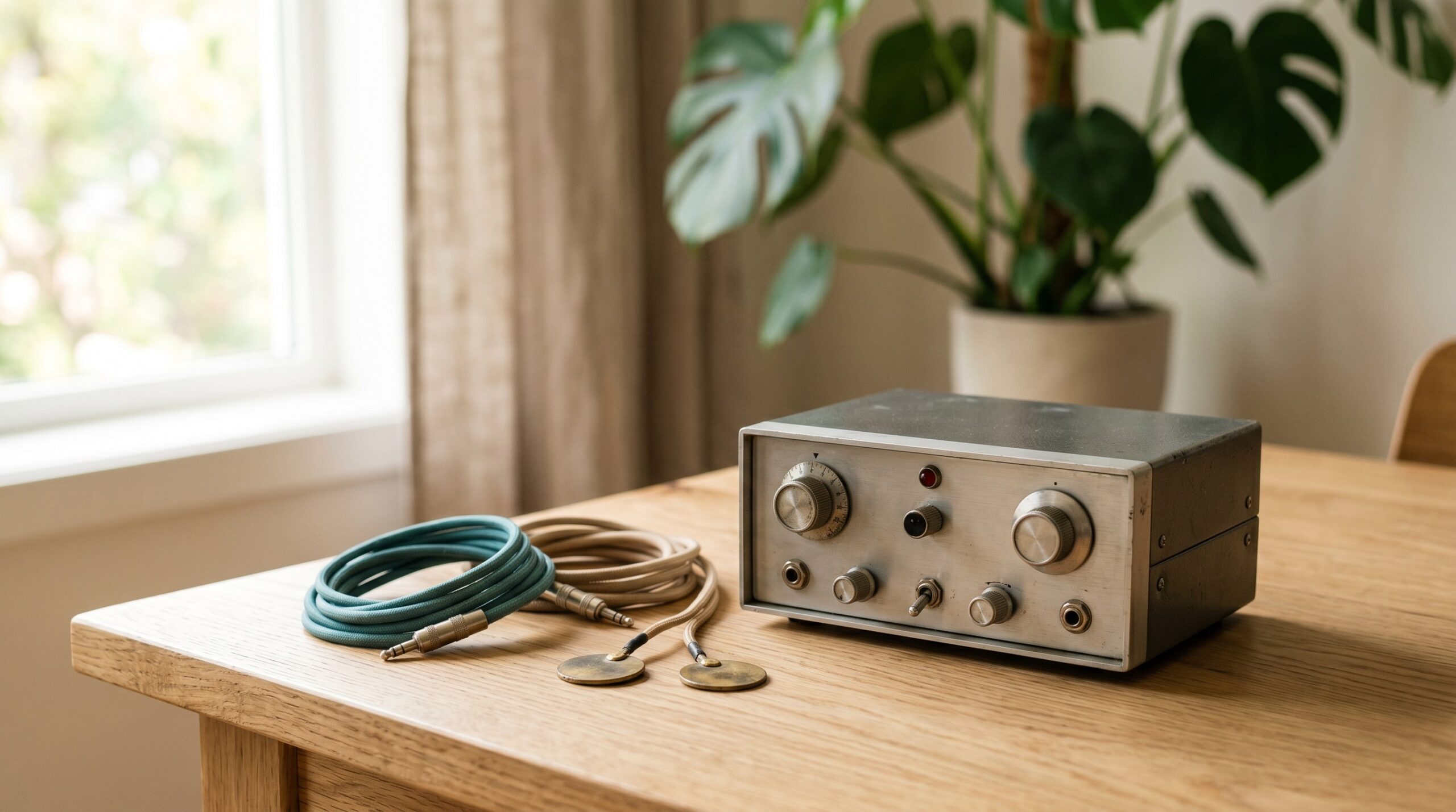 Rife-Gerät: Frequenzgenerator mit Elektroden und Kabeln auf hellem Holztisch