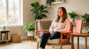Rotlichttherapie: Frau entspannt vor einem warm leuchtenden Rotlicht-Panel im hellen Wohnzimmer