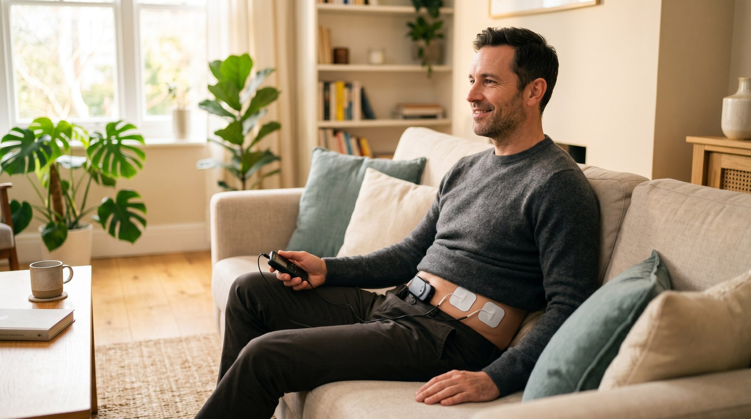 TENS-Gerät zur Schmerztherapie zu Hause: Person mit Hautelektroden am unteren Rücken entspannt auf dem Sofa
