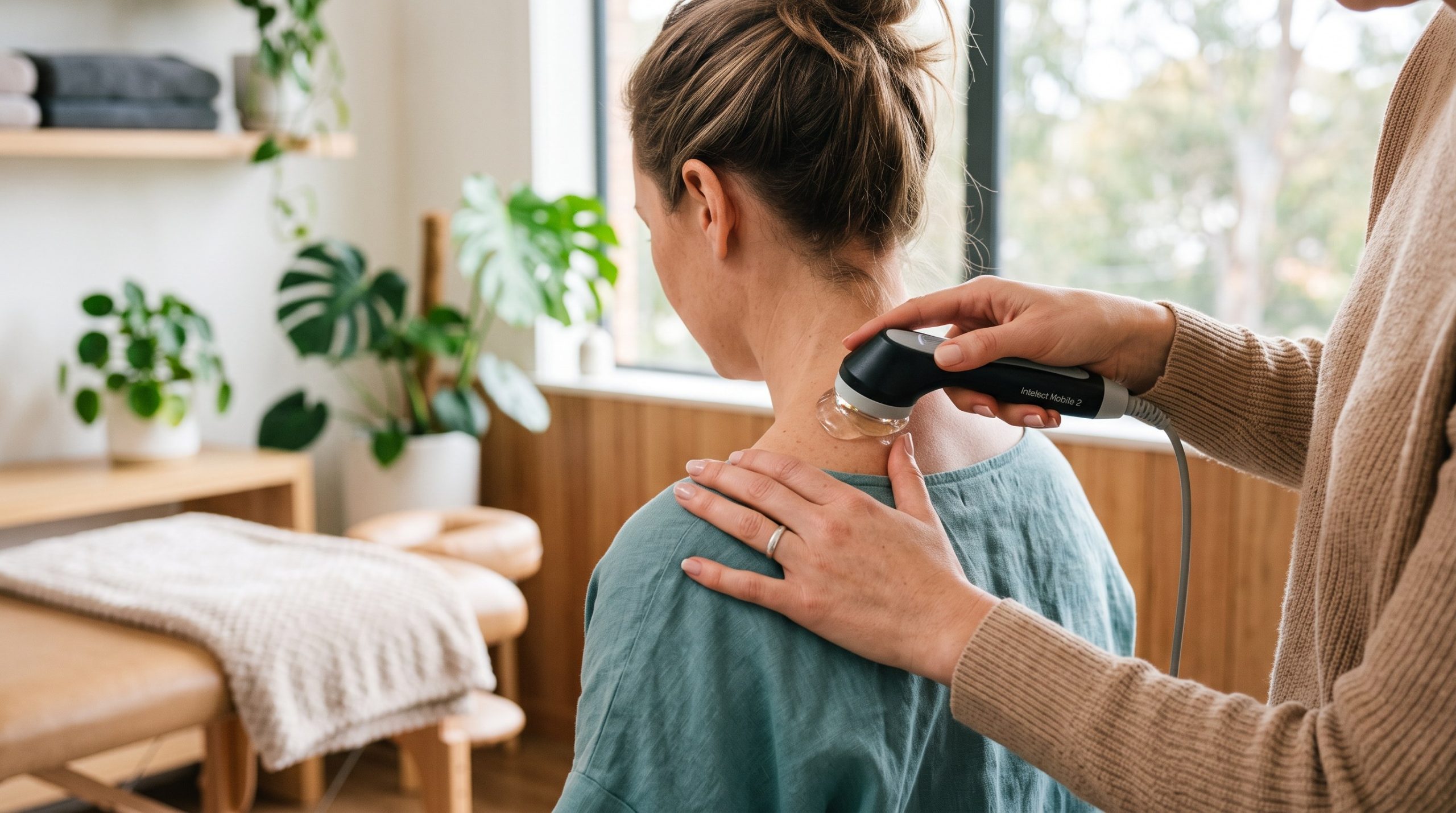 Ultraschall-Therapie: Hände führen einen Ultraschallkopf mit Gel über die Schulter einer Person