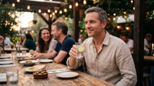 GLP-1 und Alkohol: Mann sitzt entspannt mit Wasserglas an einer sommerlichen Abendtafel