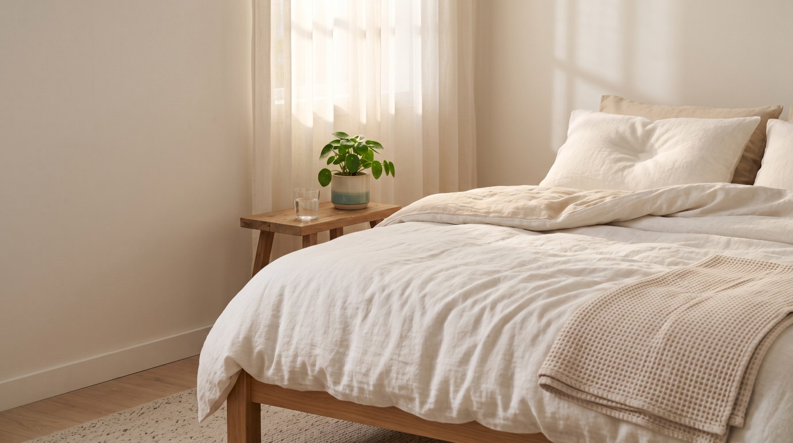 Mouth Taping und Schlafqualitaet: helles Schlafzimmer am Morgen mit frisch bezogenem Bett