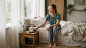 Orthosomnie: Frau legt am Morgen ihre Smartwatch entspannt auf den Nachttisch