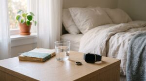 Schlaftracker Genauigkeit: Smartwatch und Smart Ring auf einem Nachttisch im Morgenlicht