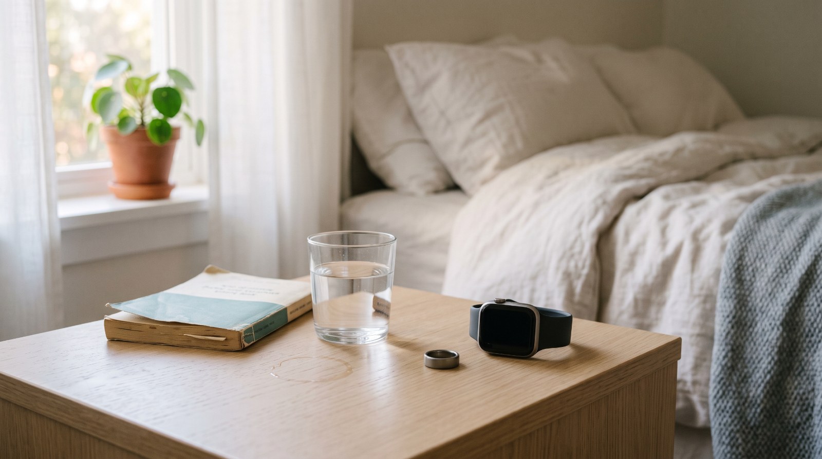Schlaftracker Genauigkeit: Smartwatch und Smart Ring auf einem Nachttisch im Morgenlicht